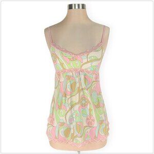 Cosabella Italy Pastel Pink Green Print Empire Lace Stretch Camisole Cami Top M
